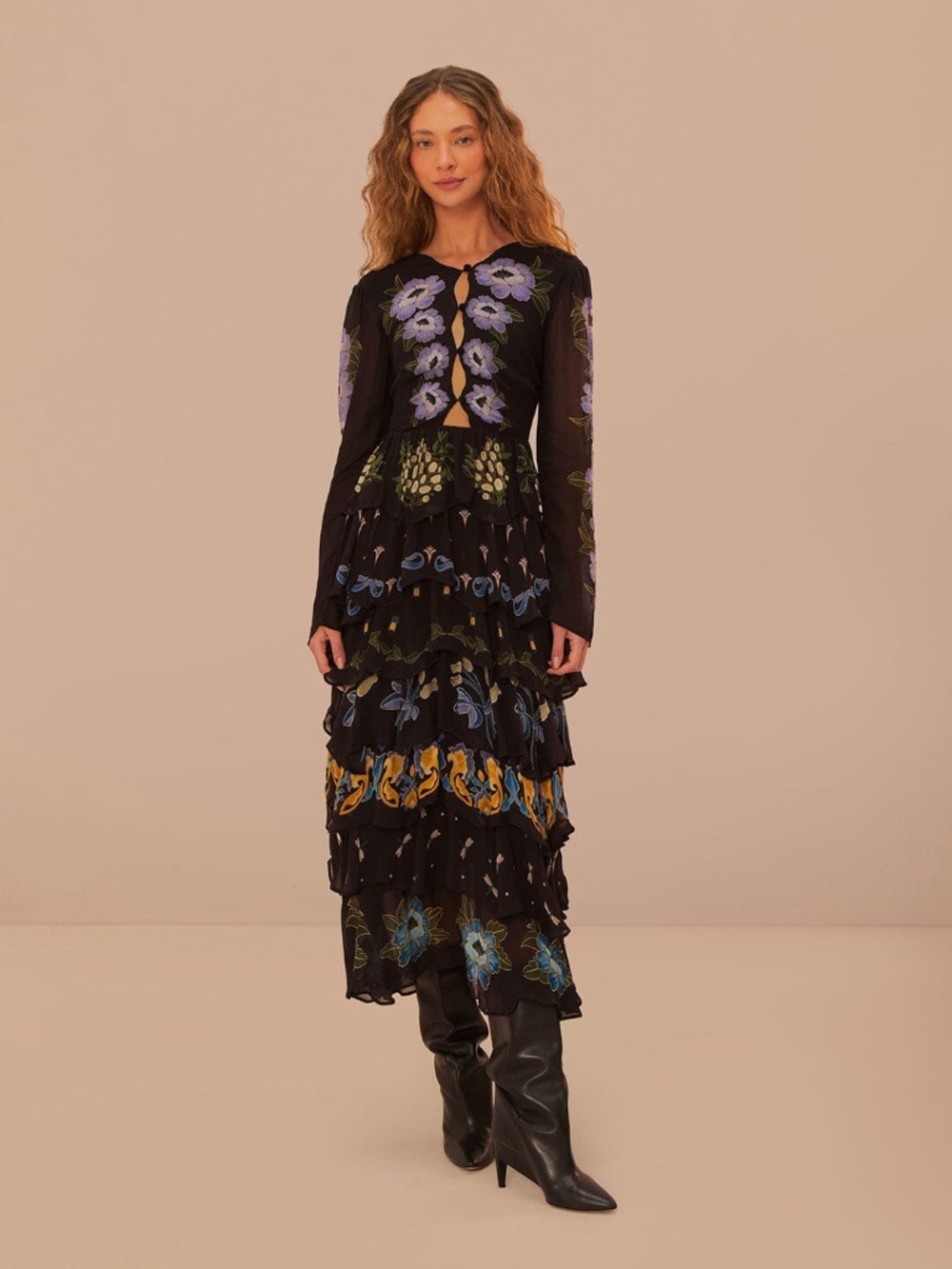Farm Rio Black Winter Garden Ruffle Maxi Dress